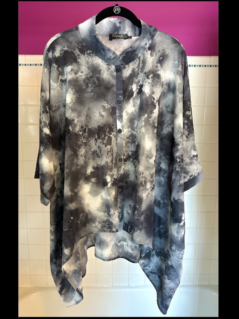 Sympli Whisper Abstract Print Boxy Sheer Hi-Lo Button Down Blouse